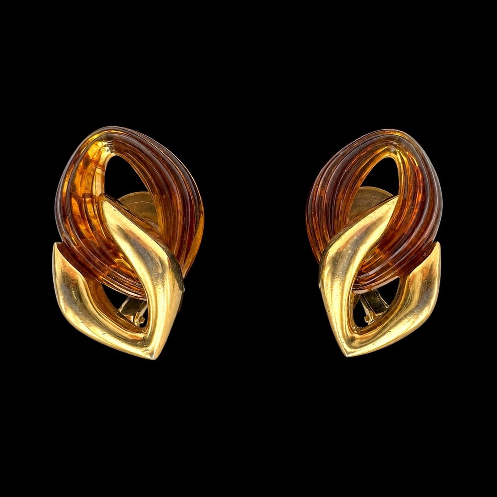 Napier Vintage Gold Tone Amber Lucite Clip On‎ Earrings Tortoise Shell Style
